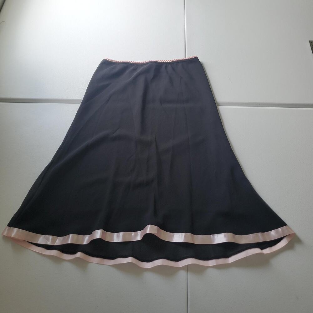 Y2K McBling Paris Skirt Medium Black Chiffon Ruffle Hem Pink Trim Lingerie